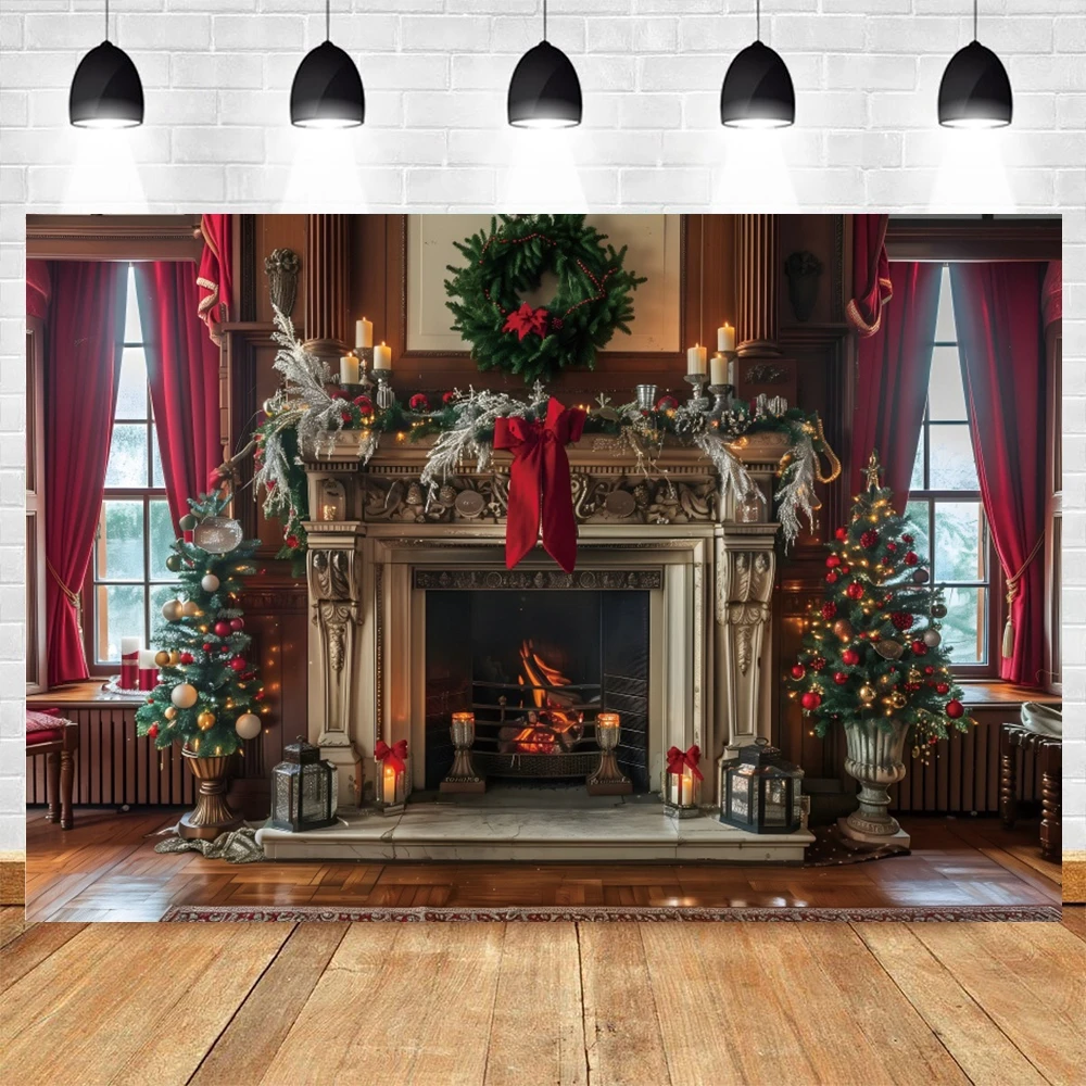 Red Christmas Fireplace Photography Backdrop Window Wreath Xmas Tree New Year Family Party Decoration Portrait Background Props