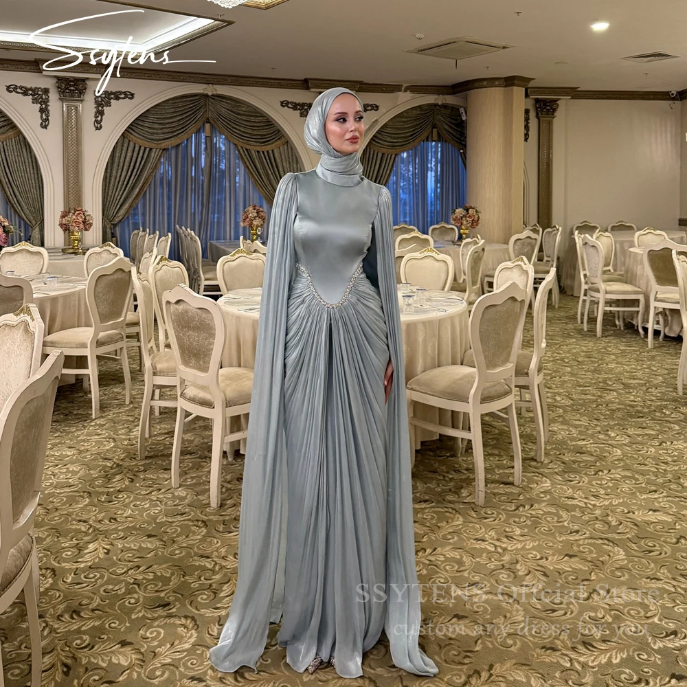 SSYTENS Modest Silk Satin Evening Dresses Long Cape Sleeves High Collar Muslim Prom Dresses Luxury Dubai Prom Gowns Customized