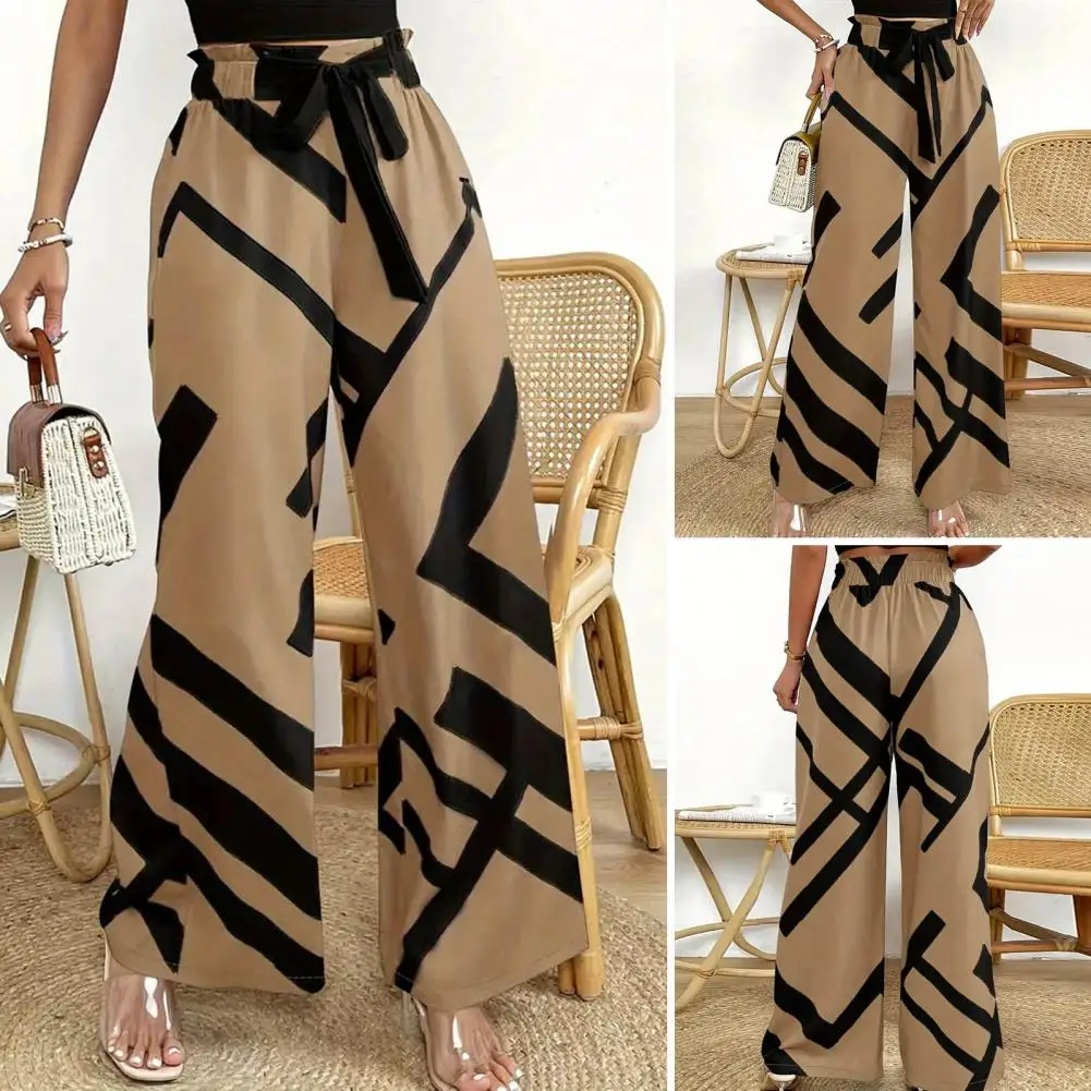 Women Wide-leg Pants Loose Fit Bottoms Elastic High Waist Women's Casual Pants Adjustable Drawstring Wide Leg Trousers with Line