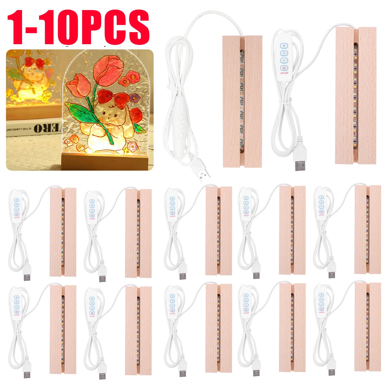 1-10pcs LED Wood Light Display Crystal Acrylic Lighted Base USB Wooden Stand for Resin Art Craft Lights Decor 스탠드 led 조명