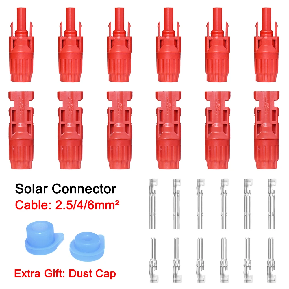 6/12/20/40/60 Pairs Solar Connector Red Color DC1000V 30A with Dust Cap Kit for PV Panel System Portable Setup Cable