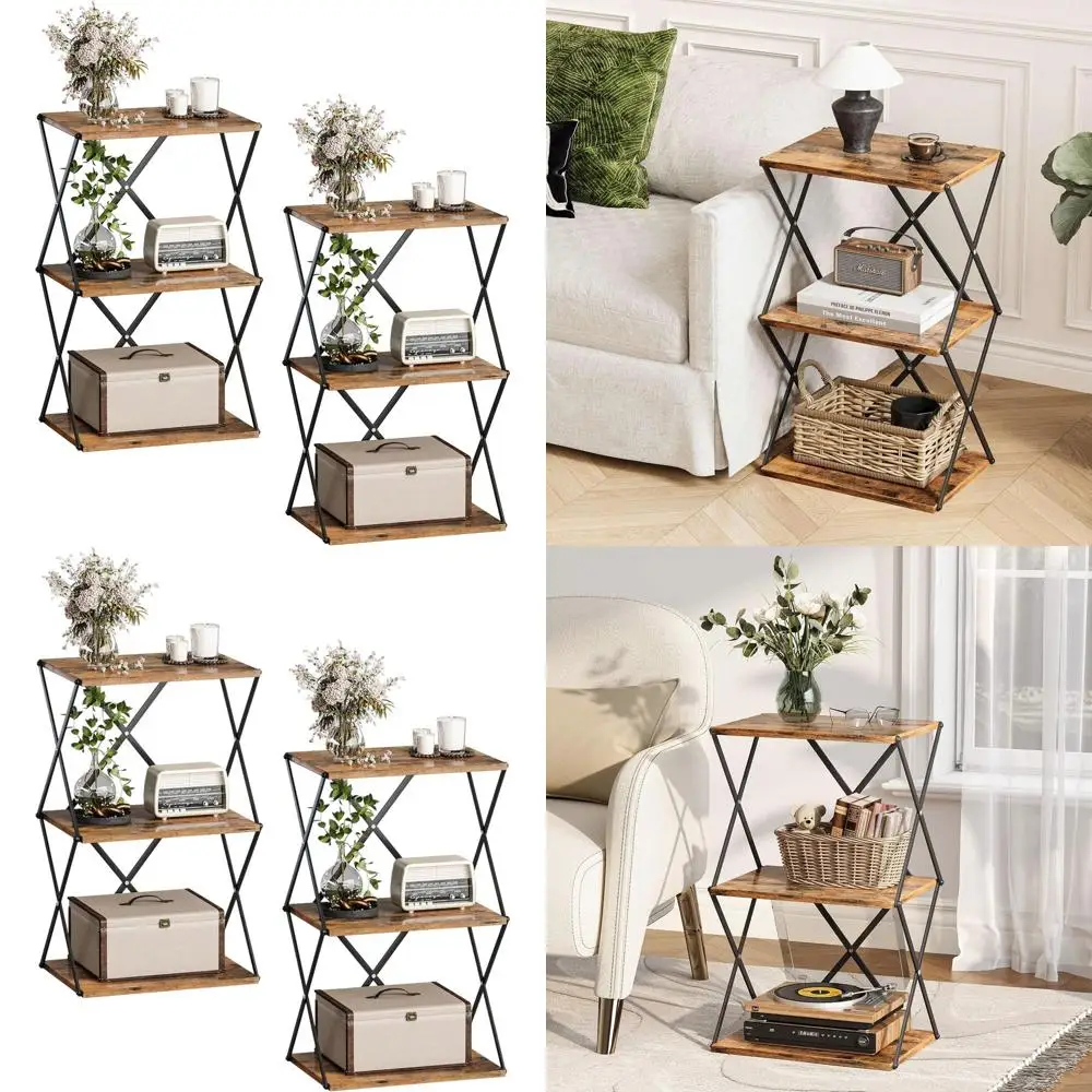 

Rustic 3-Tier Small Side Tables Set, 2-Piece Tall Nightstands with Storage for Living Room, Bedroom, Office, and Bathroom Spaces