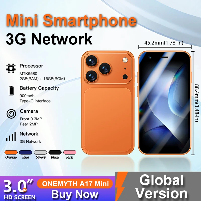 ONEMYTH A17 Mini 3G small smartphone,2GB RAM 16GB ROM Play Store, WhatsApp, GPS, WiFi, dual SIM cards, facial recognition