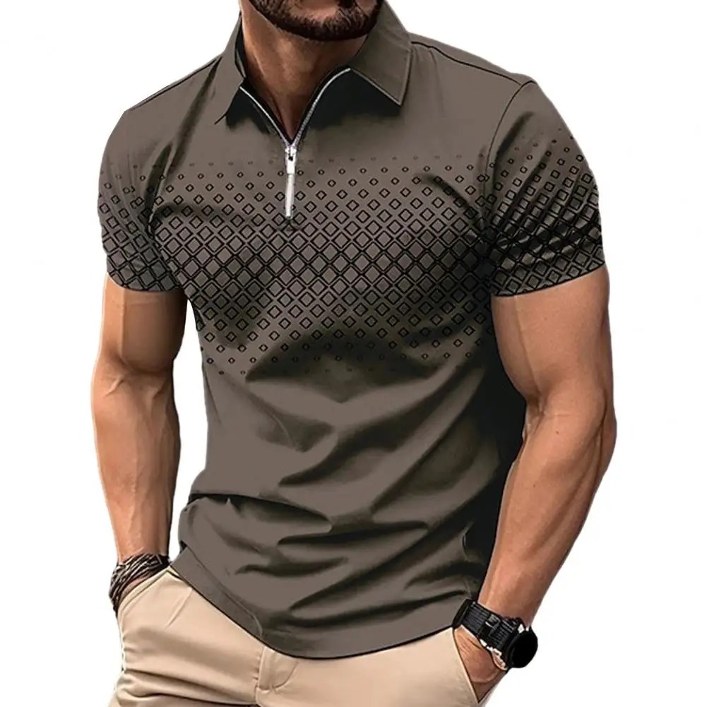 Polyester Shirt Stylish Men's Summer Shirt with Turn-down Collar Zipper Closure Slim Fit Printed Color Matching for Wear