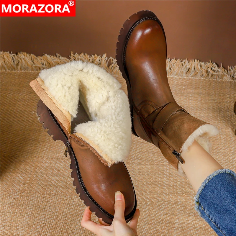 

MORAZORA 2024 New Genuine Leather Snow Boots Women Nature Wool Ankle Boots Zipper High Quality Brown Winter Boots Platform Shoes