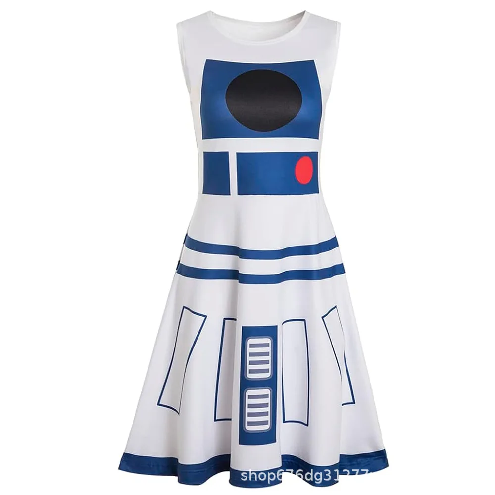 Disfraz de fiesta de disfraces de Halloween para mujeres adultas 2025 R2-D2 disfraz de Robot Cosplay 3D cuello redondo chaleco sin mangas vestido