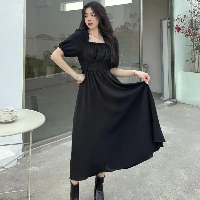 

Ins Collarbone Bubble Embroidered Dress for Women In Summer, French Style, Mid Length, Waist Cinching, Slimming Dress for Women