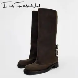 Luxury Designer Women's Knight Boots Chunky Heel Platform Belt Buckle Square Toe Knee High Shoes Fashion All Match Modern Botas