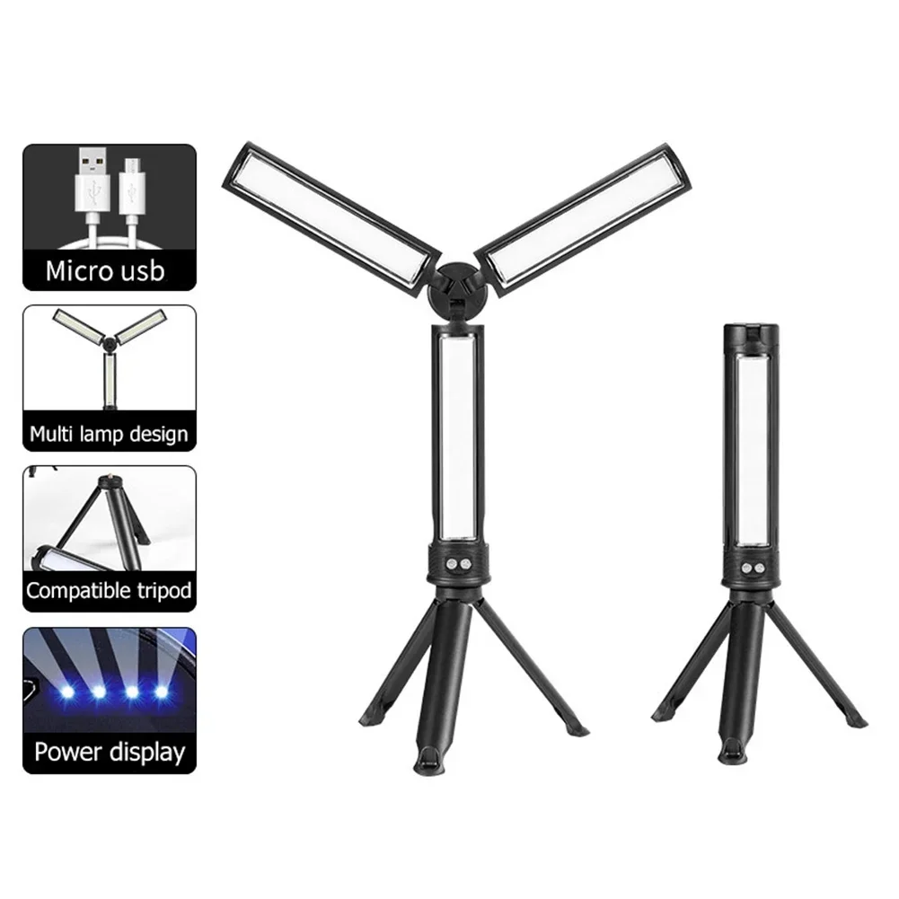 Folding Bright Lamp with Tripod 3 Sided Work Light USB Charging Car Repair Working Lights Dimmable for Outdoor Camping Use