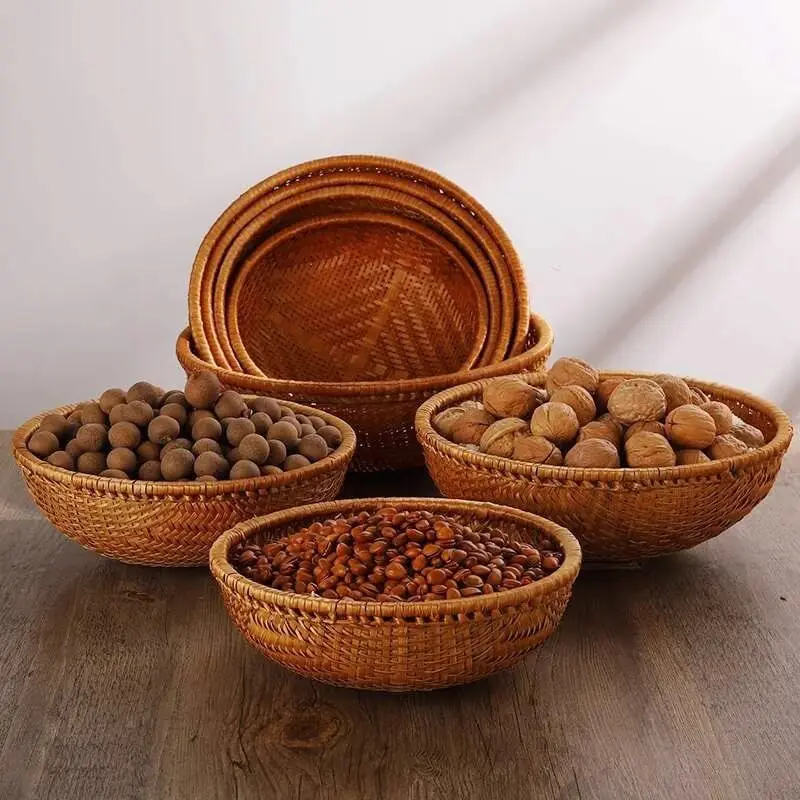 Smoked Bamboo Round Sieve Basket,Anti‑Insect Container for Bread Fruit,Draining Storage Bin for Dried Snacks Household HomeDecor