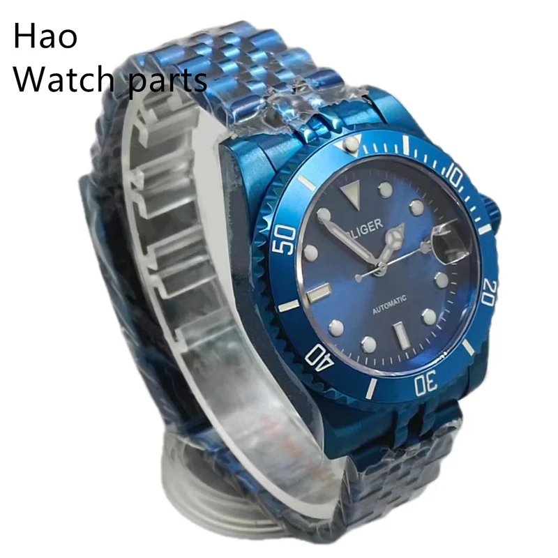 BLIGER 40mm NH35A Movement Watch Sapphire Crystal Automatic Men's Watch Steel Bracelet /Curved Rubber Strap Blue Watch