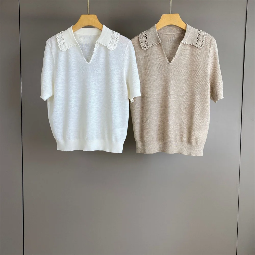 2026 Spring/Summer New Lapel Solid Color Knitted Pullover Short-Sleeve Fashionable Commuting Casual Top for Women
