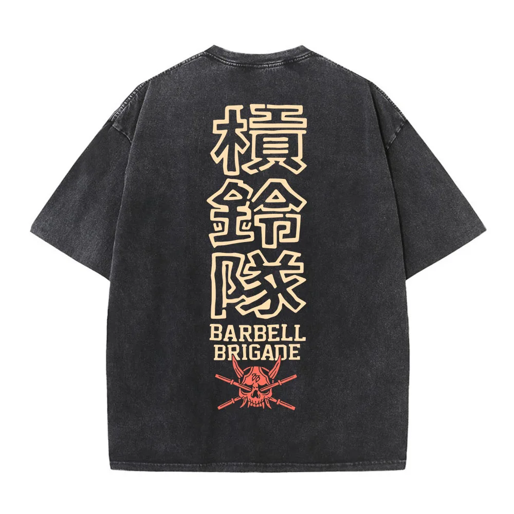 BARBELL BRIGADE VINTAGE Gray Washed Print Hip Hop Tee Sports Short Sleeved T-shirt Men Loose Fitness Running Training Shirts