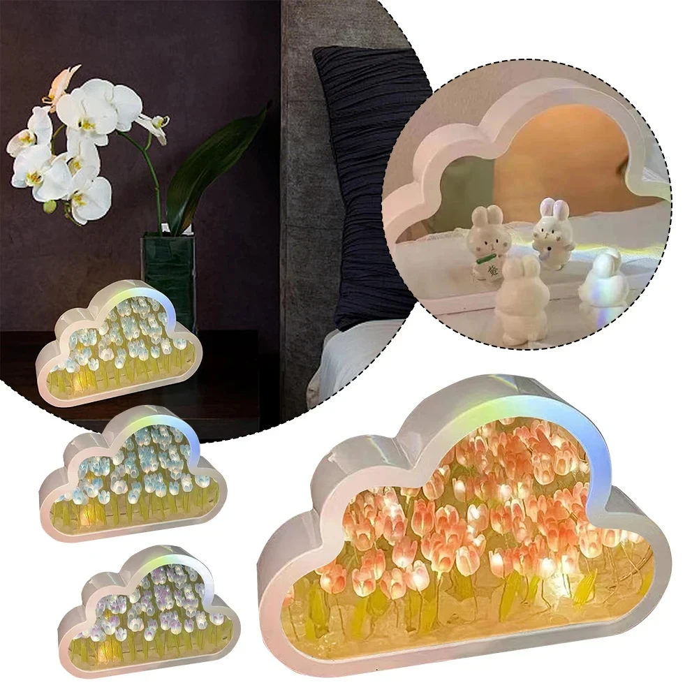 Cloud Tulip Night Light Handmade DIY Material Flower Home Decor Mirror Creative Atmosphere Lamp Birthday Gift Valentine\'s Day