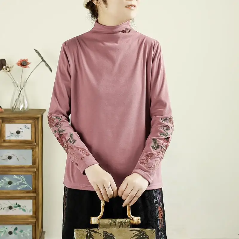 Autumn and Winter Embroidered Half High Neck Warm German Velvet Ethnic Long Sleeve Chinese T-shirt Retro Art Base Mom Top Female