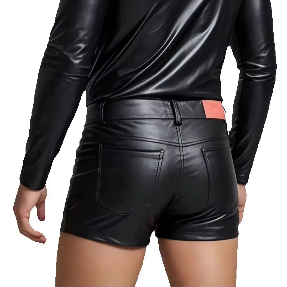 Mens High Waist Faux Leather Shorts Pu Leather Short Trousers Button Fly Multi‑Pocket Casual Streetwear Club Party Short Pants