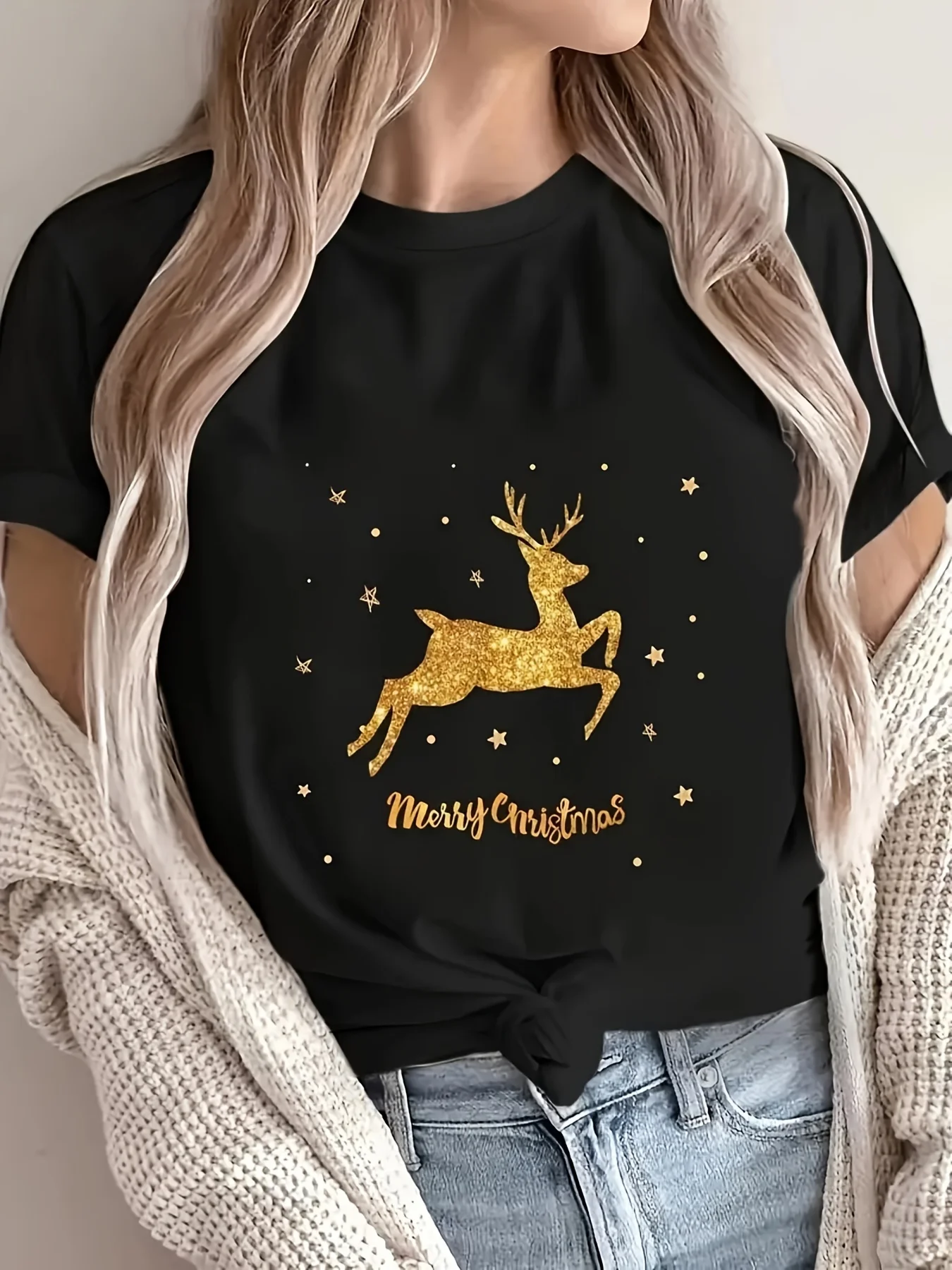 

Women's Christmas Reindeer Graphic Print T-Shirt Short Sleeve Cotton Tees Retro Hip Hop Y2k T-shirt Summer Tops Women Clothing
