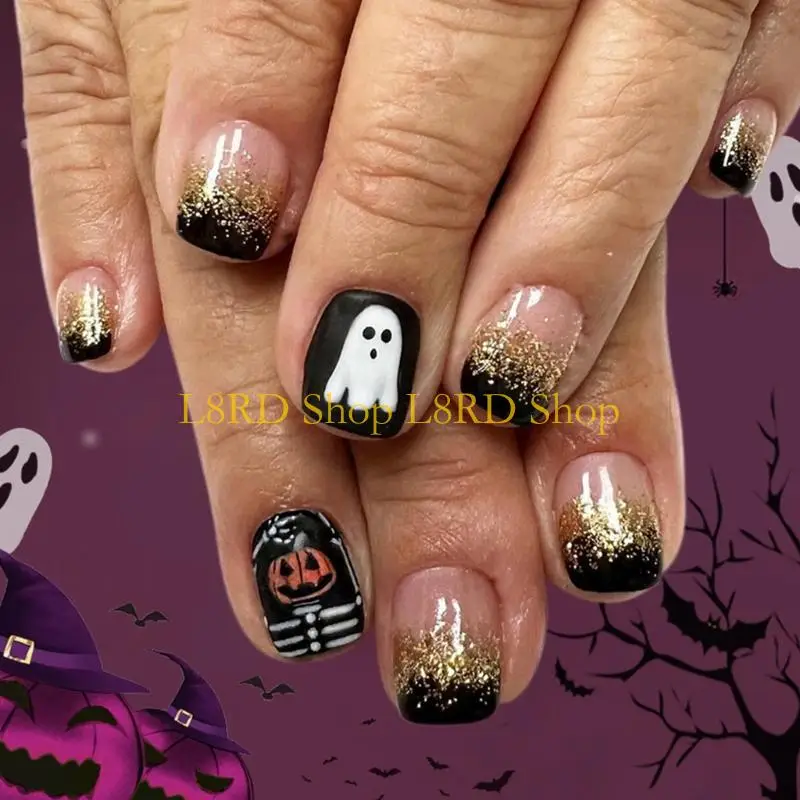 

L8RD Halloween Press On Nails Black Glittering Fingernails Stickers Easy to Apply