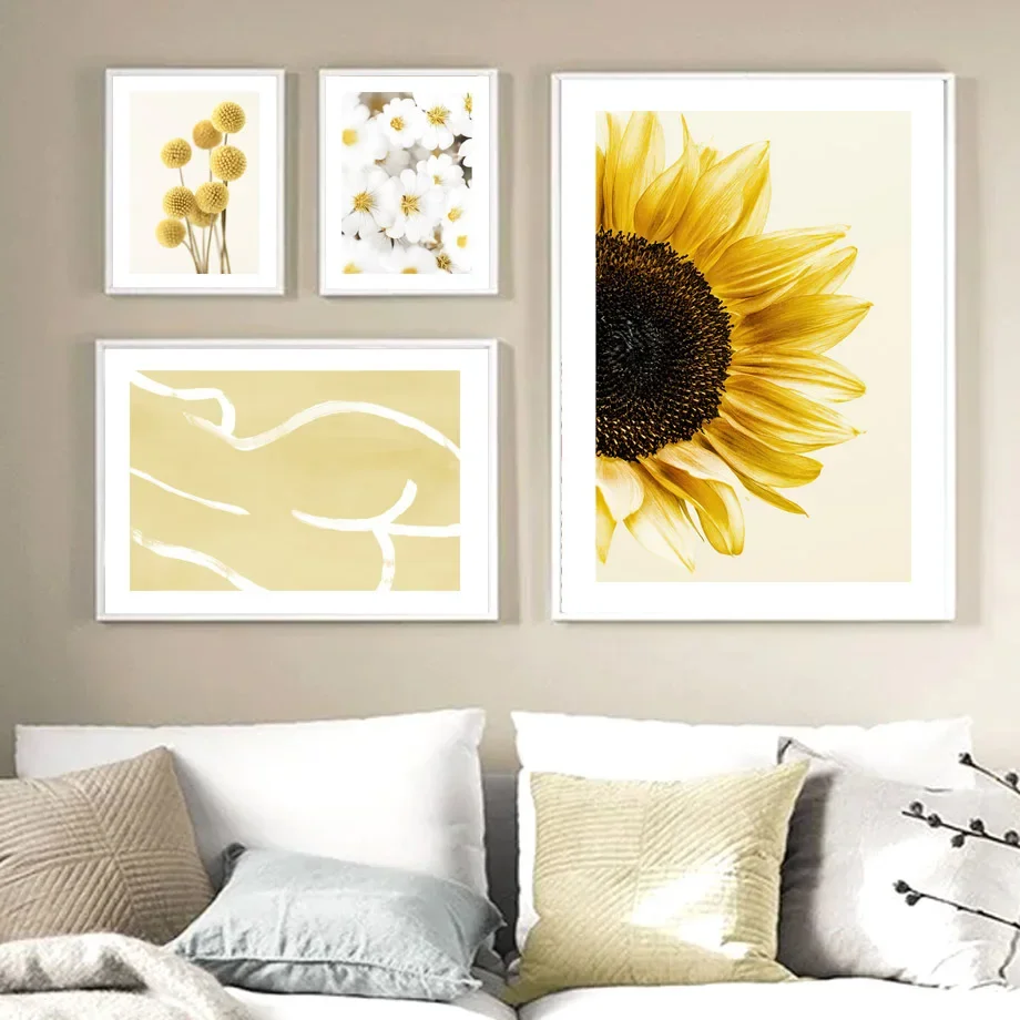 Yellow Dahlia Sunflower Orchid Butterfly Beige Wall Art Aesthetics Print Canvas Painting Posters for Living Room Home Decor