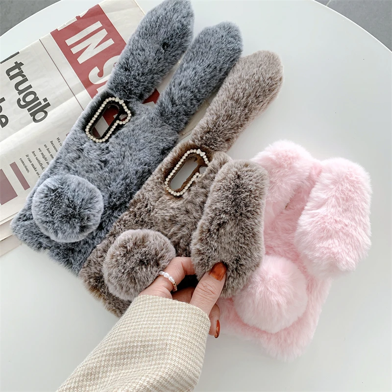 Soft Fur Phone Case For Samsung Galaxy M55s M35 M15 M54 M34 M14 M53 M33 M23 M13 M62 M52 Core Furry Rabbit Bunny Warm Plush Cover