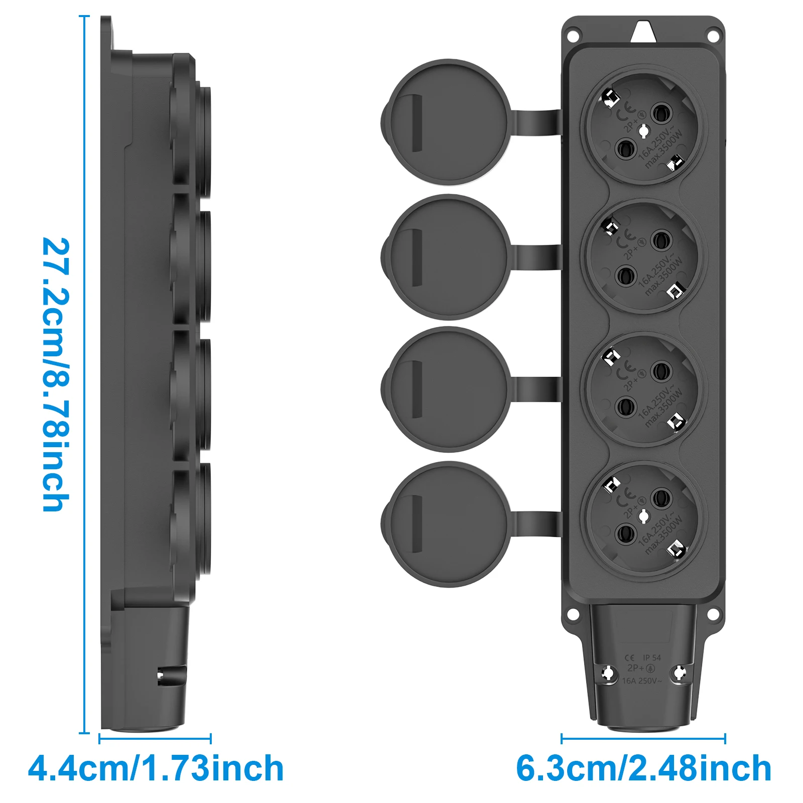 2pcs EU Outdoor Socket Waterproof Industry Power Socket with Rain Cover, 3/4-Way Outlet Power Strip IP54 for Garden Outdoor
