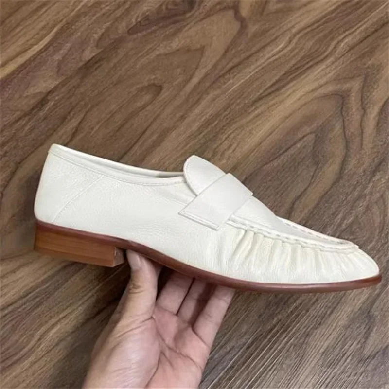 Pleated Shoes for Women Square Toes Female Loafers Sewing Lines Ladies Low Heels Leather Chassure Femme Shallow Zapatos Mujer