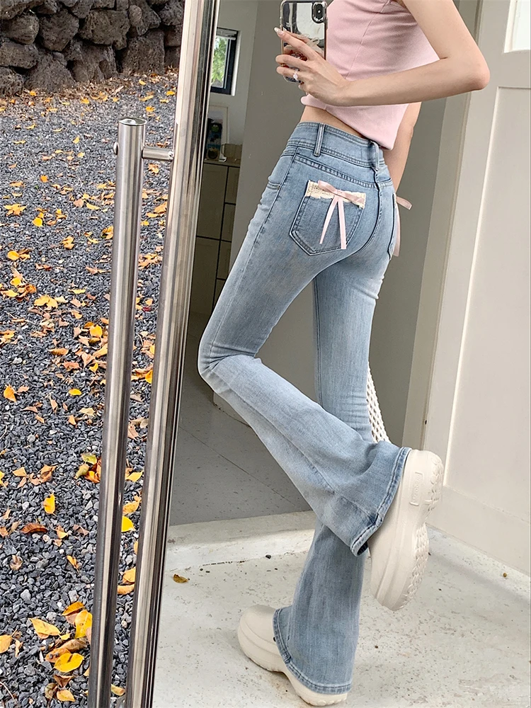 Women Blue Baggy Bow Jeans Streetwear Vintage 90s Y2k Streetwear High Waist Straight Denim Trouser Korean Loose Flare Pants