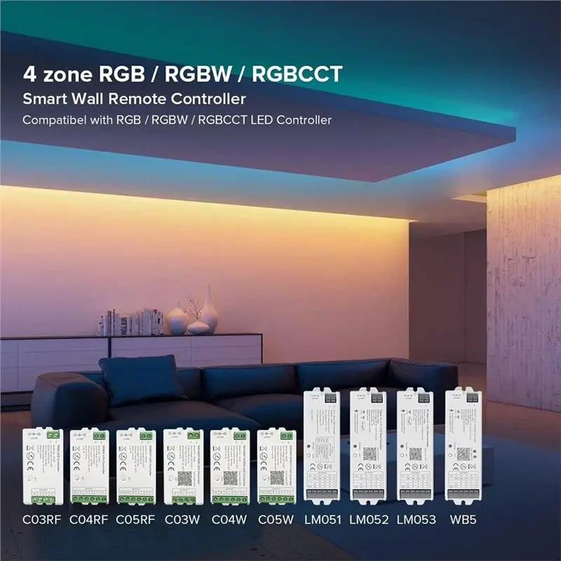 Smart Panel Remote 2.4G Radio Frequency For RGB For RGBW For RGBCCT, Wall Mountable, 4-Zone Lighting Control