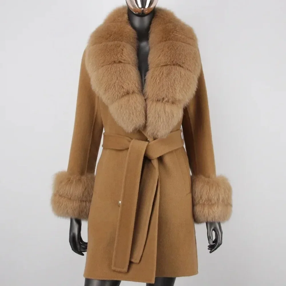 معطف من الفرو الحقيقي للنساء بياقة من فرو الثعلب الطبيعي ، مزيج من الكاشميرات ، جاكيت شتوي ، معطف سميك ، أصفاد ، ملابس خارجية ، ملابس الشارع ،