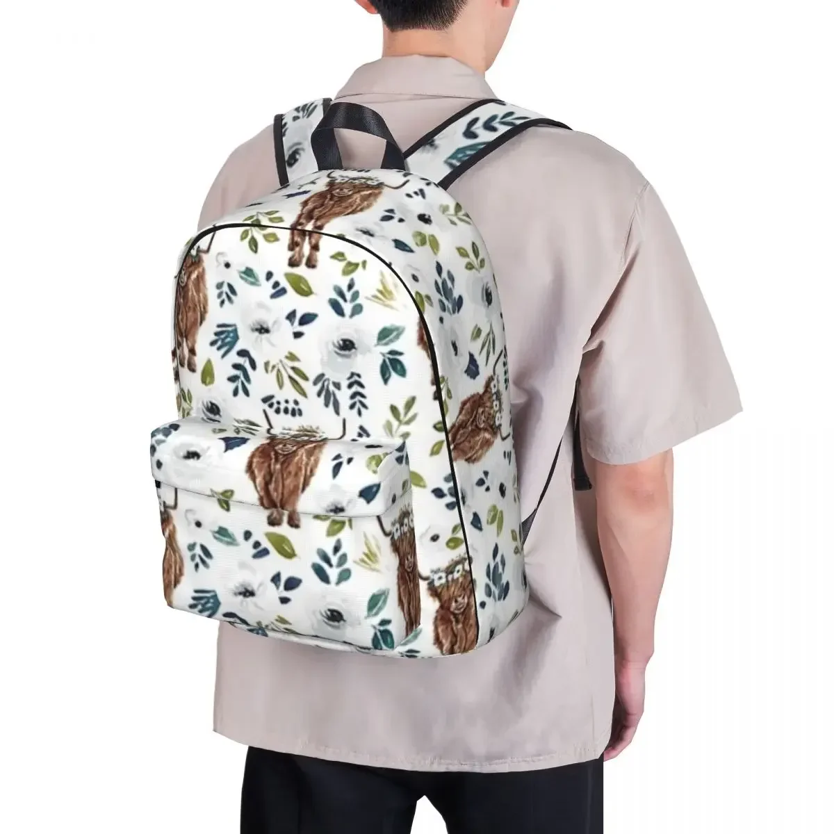 Highland Cow-mochila de decoración de granja para niños, Bolsa Escolar para ordenador portátil, mochila de viaje, Floral, corona Floral, pintura de vaca