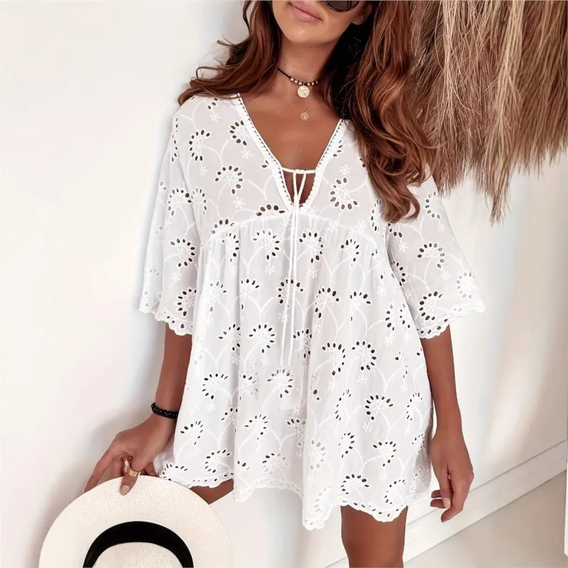 

Women Chic Hollow Out Embroidery Short Dress Spring Autumn Jacquard Crochet Party Dress Elegant V-neck Tie-up Loose Mini Dresses