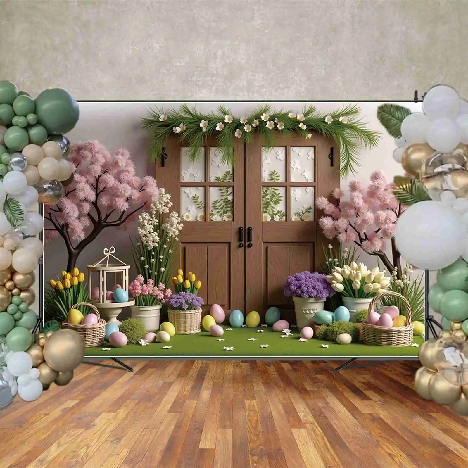 qg primavera ovos de páscoa fundo fotografia porta de madeira flores jardim photozone pano de fundo crianças estúdio photocall adereços