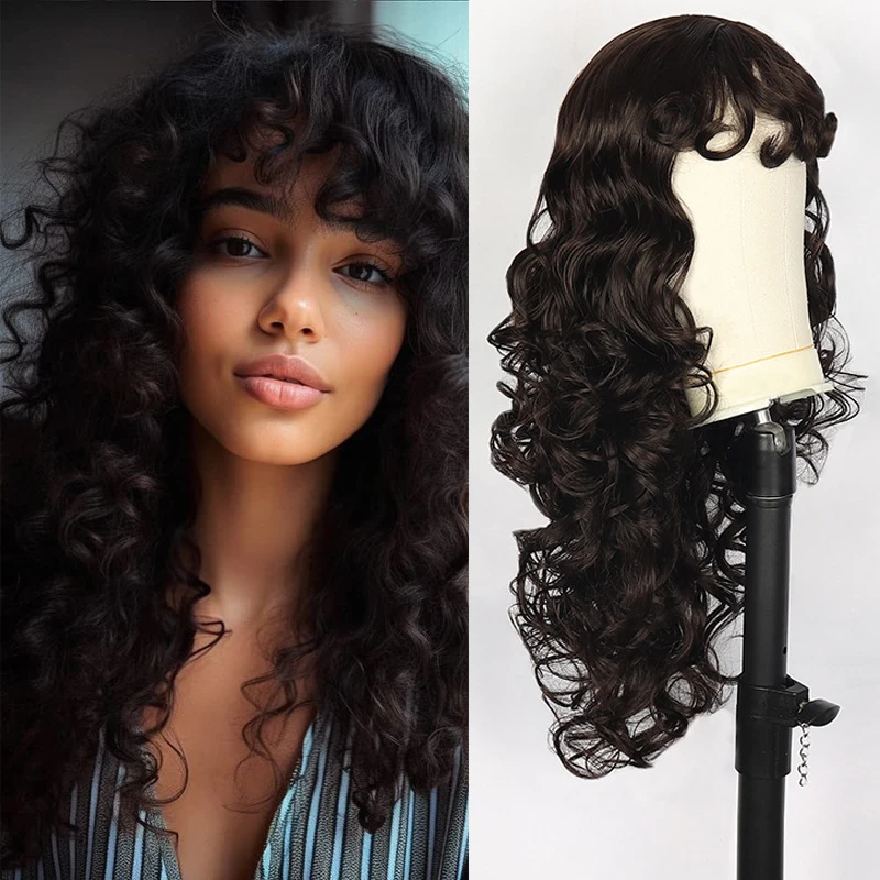 

European American fashion wigs for women, black and brown fluffy long curly synthetic hair with bangs