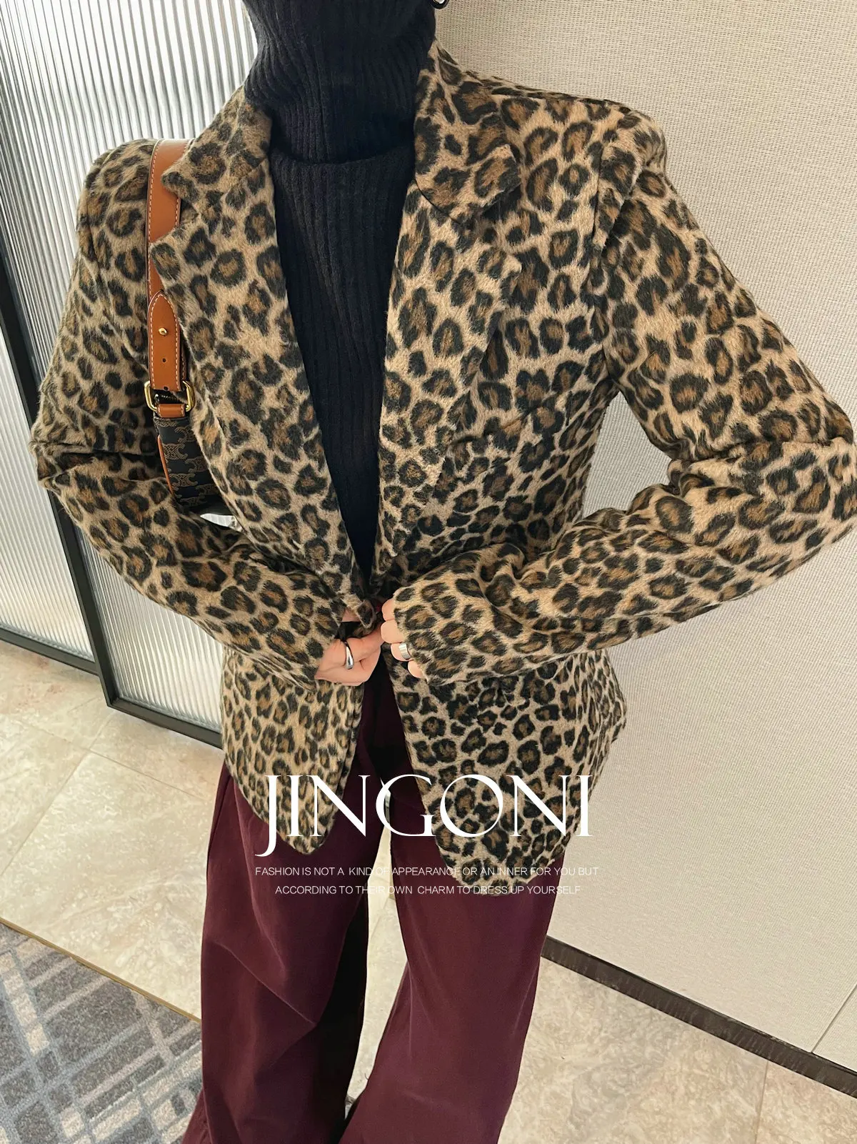 

Leopard Woolen Blazer Jacket Tops Women Clothing 2024 Woman Winter Korean Style Vintage Elegant Coat Outerwears New Luxury Suit