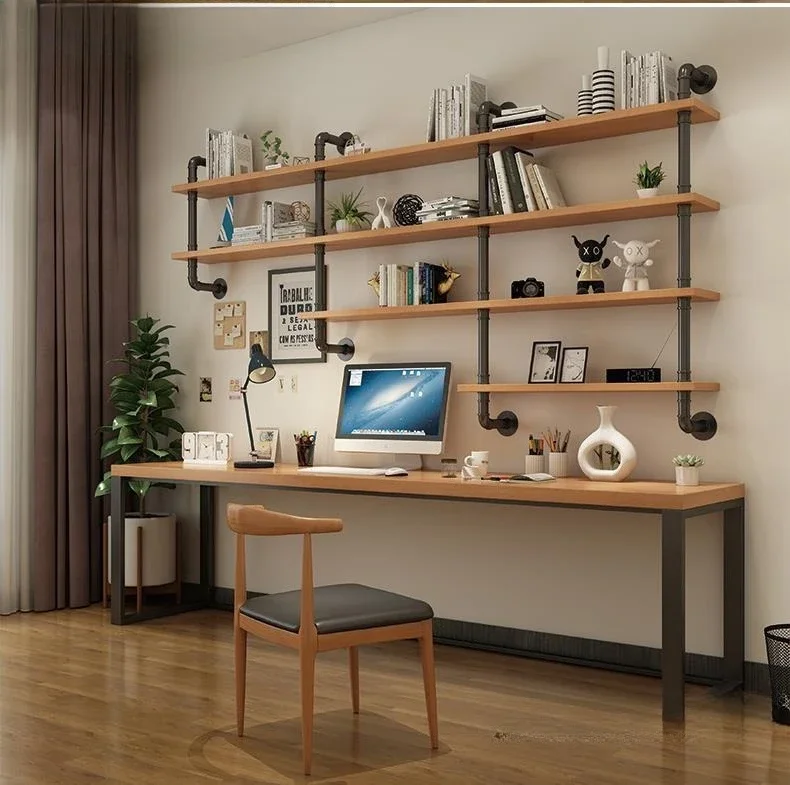 wood desk bookshelf combination, double wrought iron computer desk, household simple bookcase