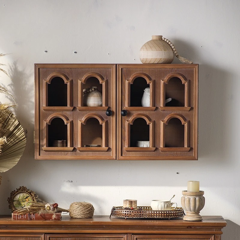 Walnut color wall-mounted storage cabinet Kitchen wall storage cabinet Middle antique entrance Solid wood hanging cabinet Americ