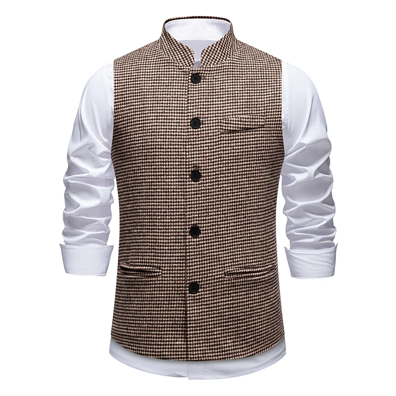Mens Suit Tweed Vest Stand Collar Single Breasted Herringbone Sleeveless Waistcoat Casual Business Wedding Party Outerwear Gilet
