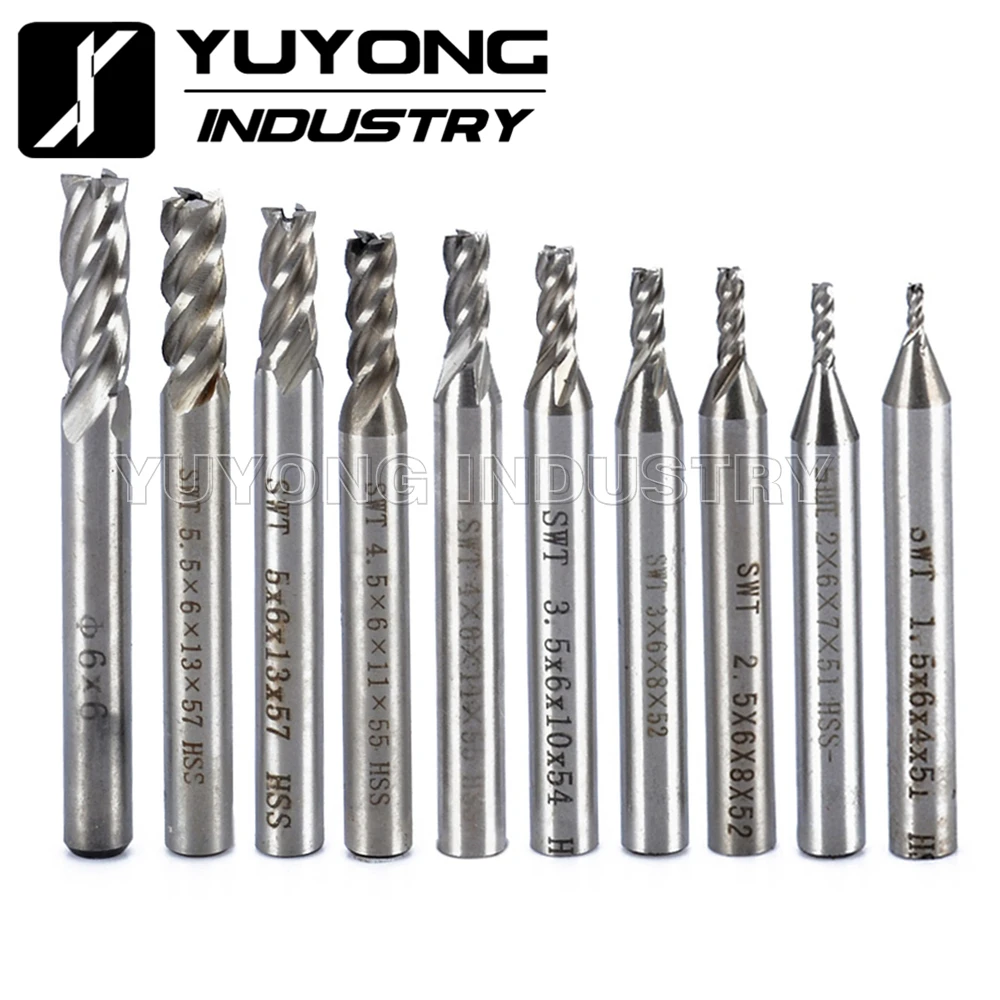 10pcs/Set HSS 4 Flute 1.5/2/2.5/3/3.5/4/4.5/5/5.5/6mm End Mill Straight Shank Router Drill Bits Woodworking Milling Cutter Tool