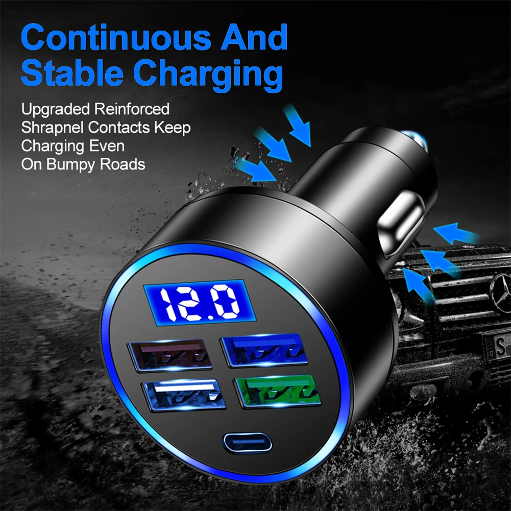 15.5W 4USB Car Charger Type-C Digital Display Car Power Charger 5V 3.1A With Voltage Detection Multi-port Car Power Adapter