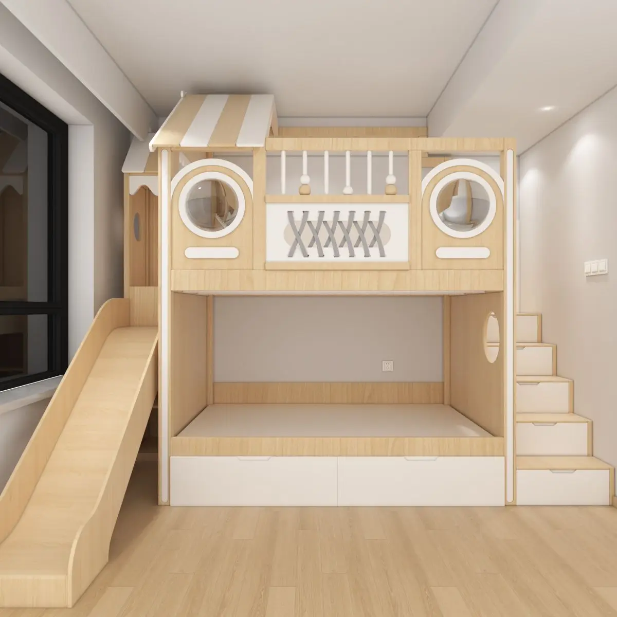 

High Low Real Wood Bunk Bed with Slide Comfortable Durable Tree House Case for Kids for Bedroom School Hotel Villa Apartment