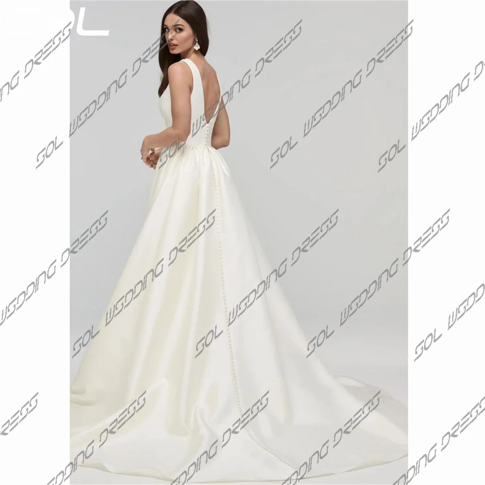 Sol-Deep V Neck Satin Wedding Dress, Spaghetti Straps, Sexy Backless, A-Line, Boho Ball Gowns, Sweep Train, Simple