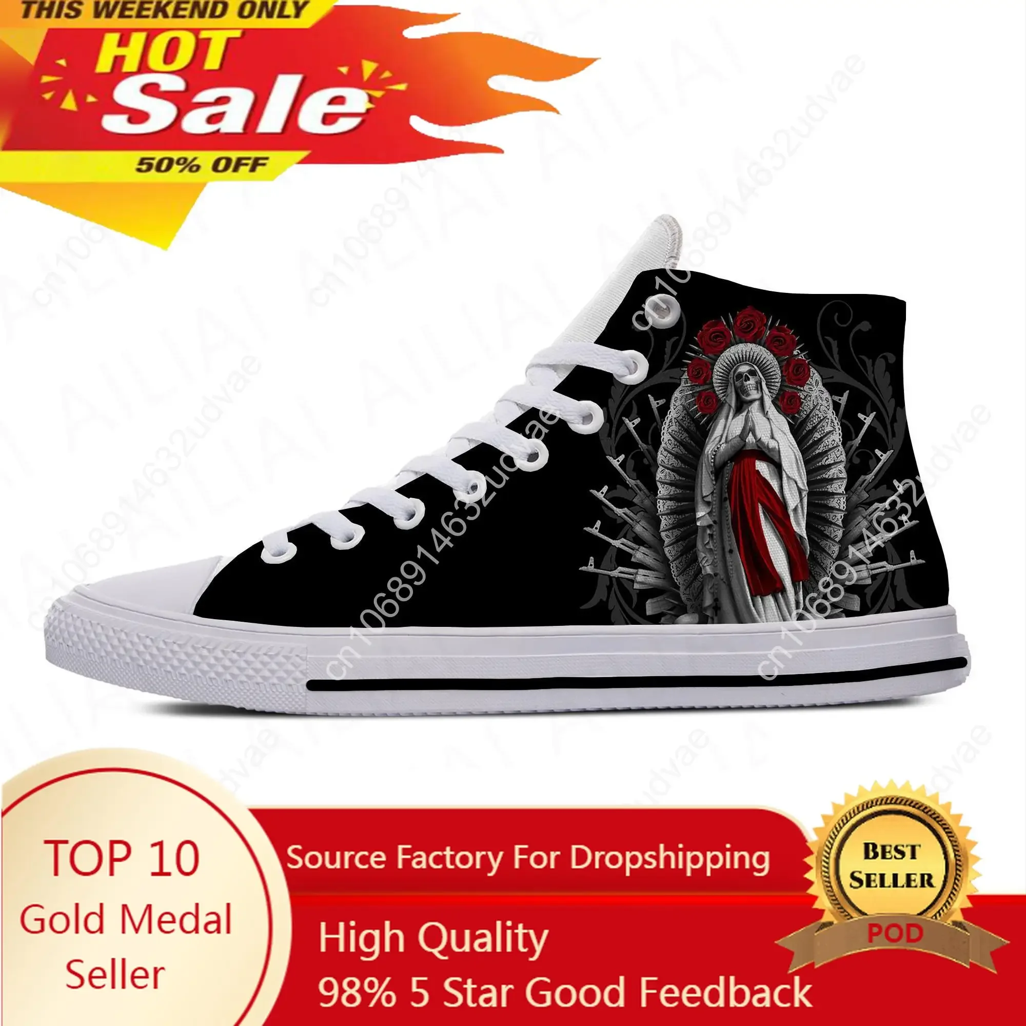 

Hot Cool Santa Muerte Horror Death Goth Mexican Skull Casual Cloth Lightweight Shoes High Top Men Women Classic Board Shoes