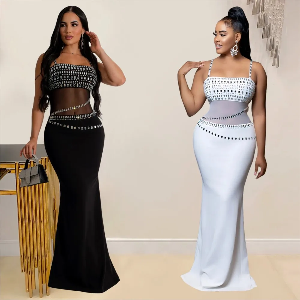 Mode frauen Heiße Diamant Mesh Kleider Sommer Neue Sexy Transparente Spitze Party Elegante Weibliche Maxi Kleid 2025