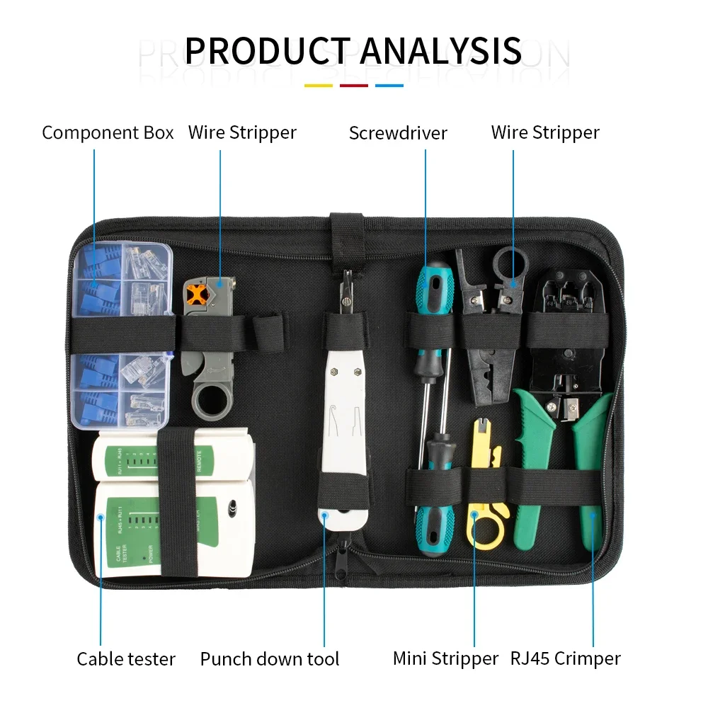 Set RJ45 Crimping Tool Kit Network RJ45 RJ11 Cable Tester Stripper Punch Down Tool Screwdrivers 10pcs Cat5 Plugs Boots