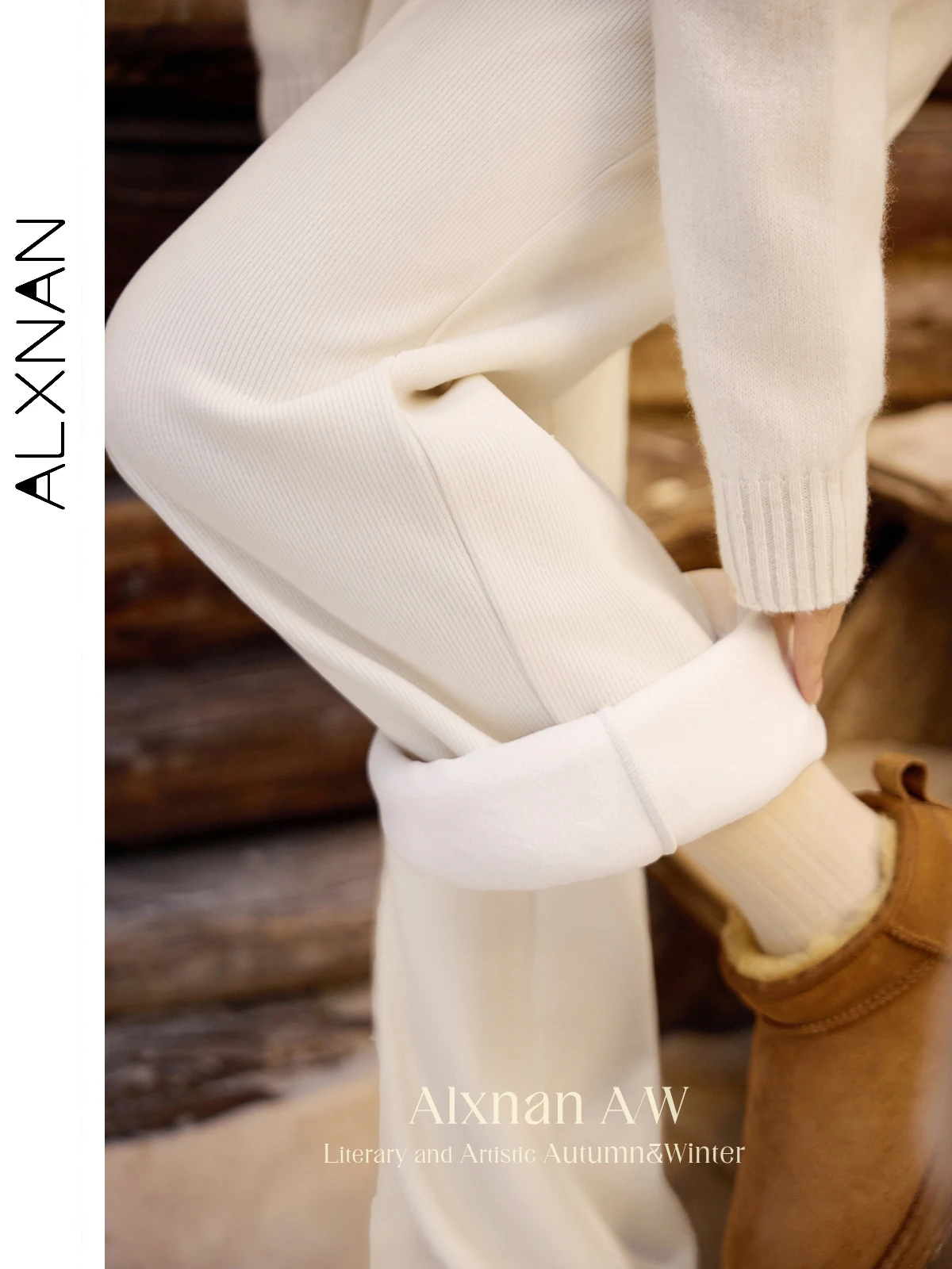 

ALXNAN Women's Pants Fleece Wide-leg Elastic High-waist Straight Pants Winter Warm Spliced Lamb Wool Thickness Trousers L52551