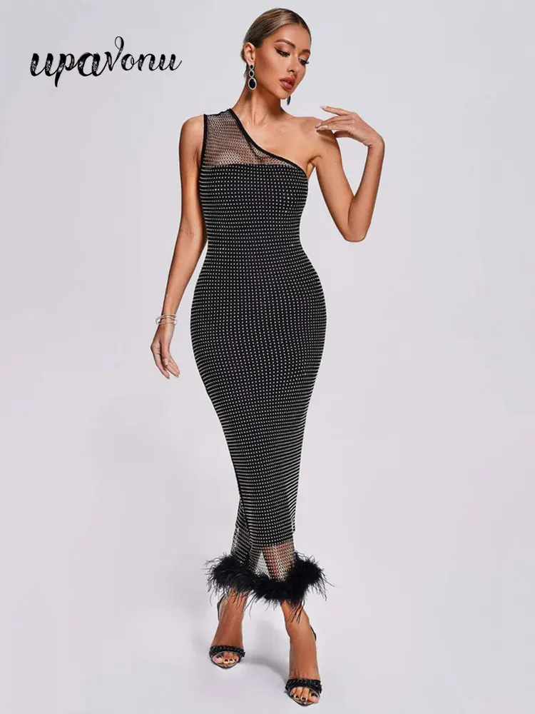 

Women's Sleeves Mesh Beaded Feather Patch Bandage Dress Bodycon Dress Oblique Neck One Shoulder Dress Cocktail Party Long Dress