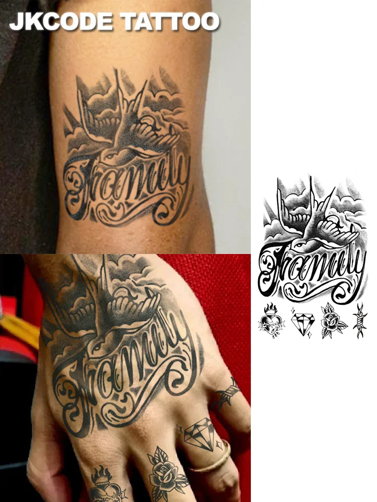 Wasserfestes Design, semi-permanente Tattoos, Tattoo im Retro-Graffiti-Stil – „Familie & Traum“-Motiv mit Rosen und weißen Tauben – modisches englisches Tattoo für Männer – temporäres Tattoo für Hals, Hand und Finger – Detail 2