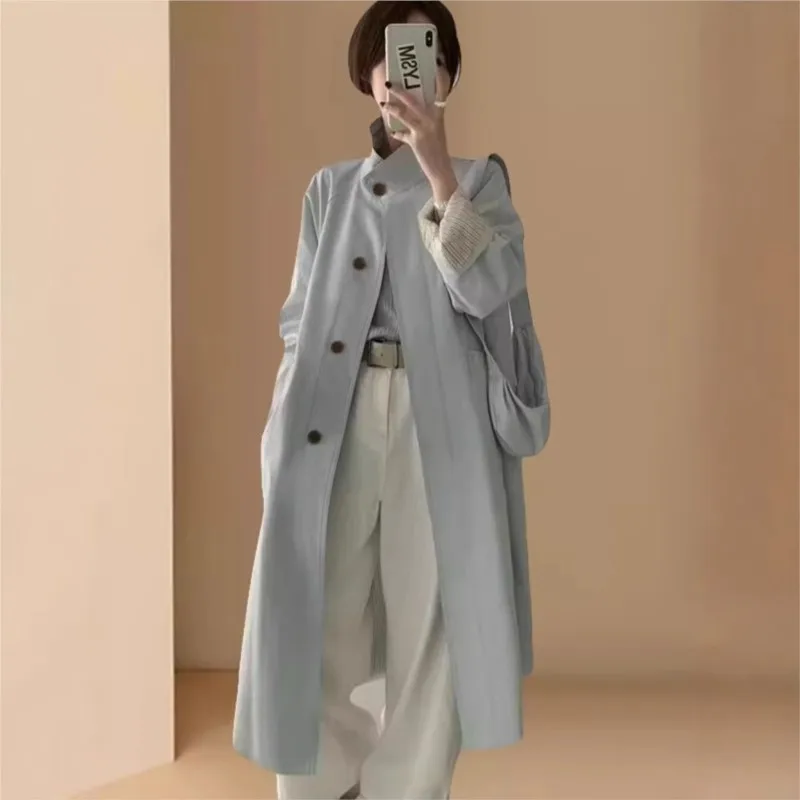 A new beige striped top mid-length elegant stand-up collar trench coat for women