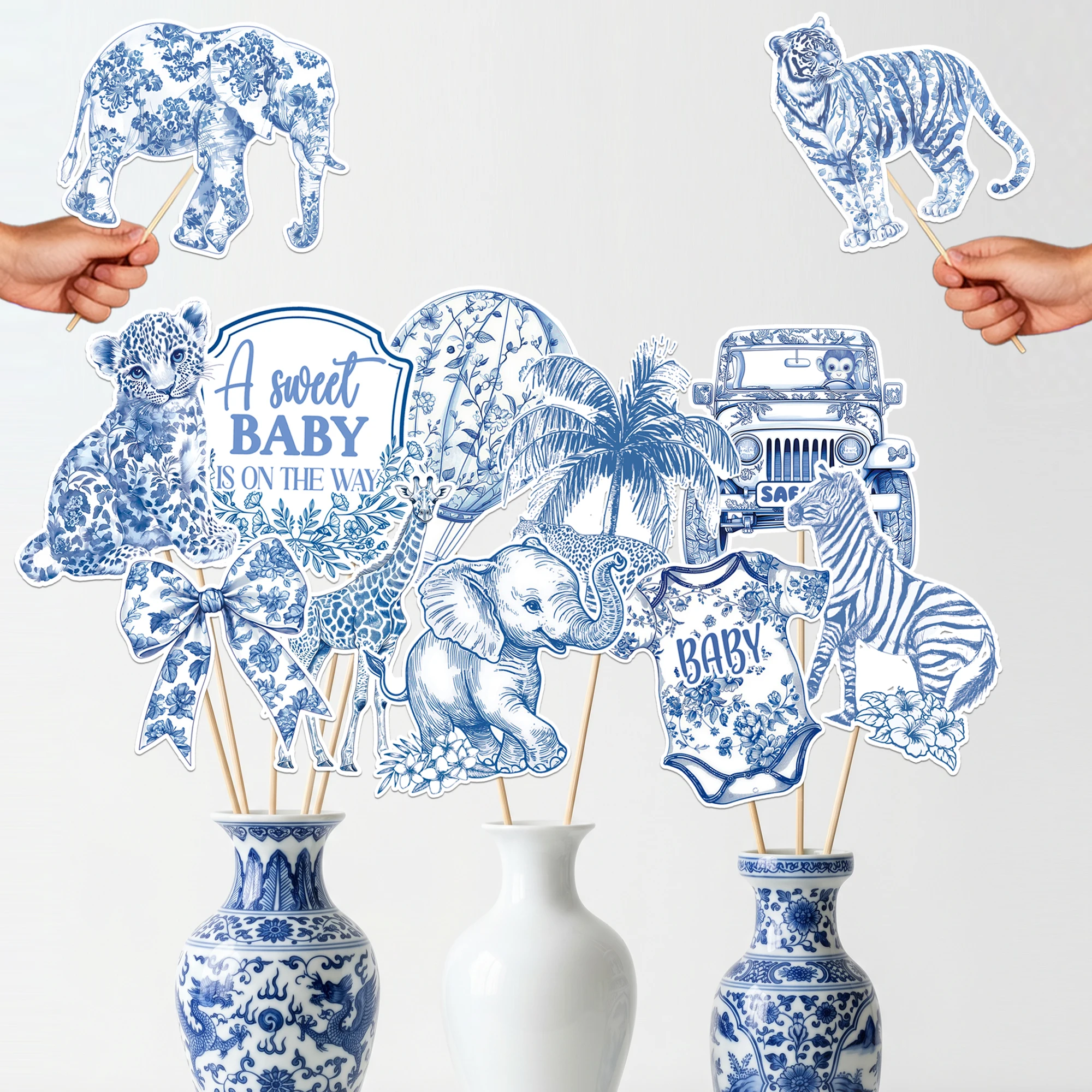 Blue Safari Baby Shower Photo Booth Props Party Decorations,  Toile Jungle Animal for Baby Shower Birthday Safari Theme Party