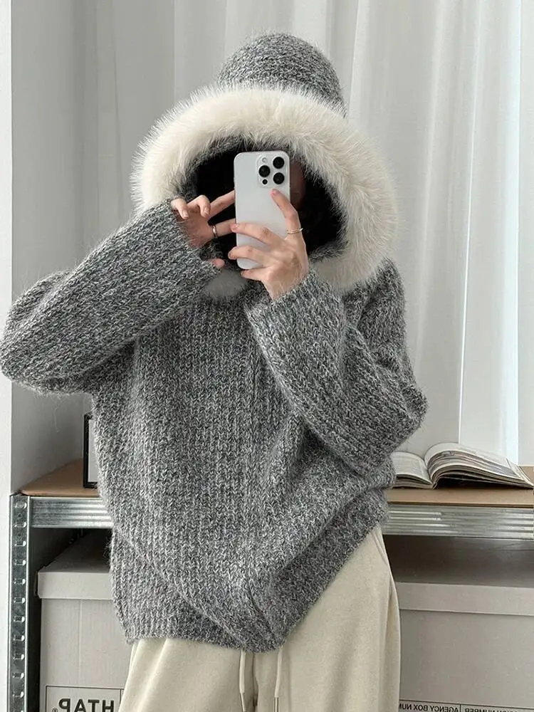 

Caramel Color Big Size Knitting Cardigan Sweater Fur Hooded Long Sleeve Women New Fashion Tide Spring Autumn